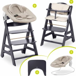 Beta Plus Dark Grey 5-tlg. Newborn Set - Hochstuhl + 2in1 Neugeborenen-Aufsatz & Wippe + Essbrett + Sitzkissen - Disney - Winnie the Pooh Beige