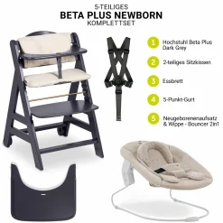 Beta Plus Dark Grey 5-tlg. Newborn Set - Hochstuhl + 2in1 Neugeborenen-Aufsatz & Wippe + Essbrett + Sitzkissen - Disney - Winnie the Pooh Beige