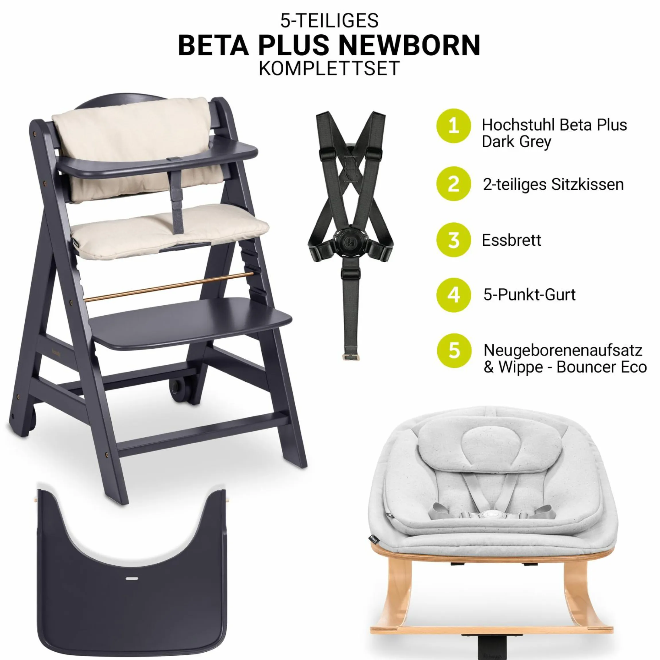 Beta Plus Dark Grey 5-tlg. Newbornset - Hochstuhl + 2in1 Babyaufsatz & Wippe Eco, Essbrett, Sitzkissen - Light Grey