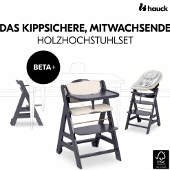 Beta Plus Dark Grey 5-tlg. Newbornset - Hochstuhl + 2in1 Babyaufsatz & Wippe Eco, Essbrett, Sitzkissen - Light Grey