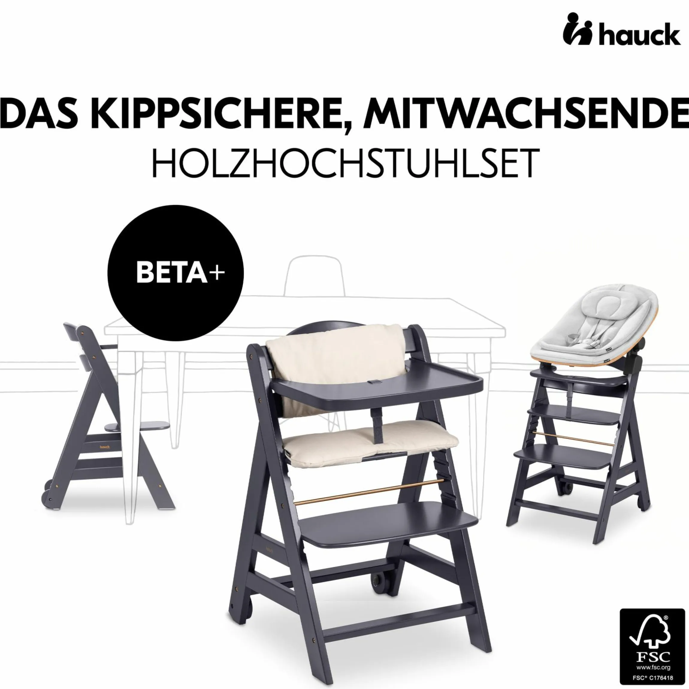 Beta Plus Dark Grey 5-tlg. Newbornset - Hochstuhl + 2in1 Babyaufsatz & Wippe Eco, Essbrett, Sitzkissen - Light Grey