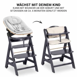 Beta Plus Dark Grey 5-tlg. Newbornset - Hochstuhl + 2in1 Babyaufsatz & Wippe Eco, Essbrett, Sitzkissen - Light Grey