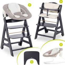 Beta Plus Dark Grey 5-tlg. Newborn Set - Hochstuhl + 2in1 Neugeborenen-Aufsatz & Wippe, Essbrett, Sitzkissen - Stretch Beige