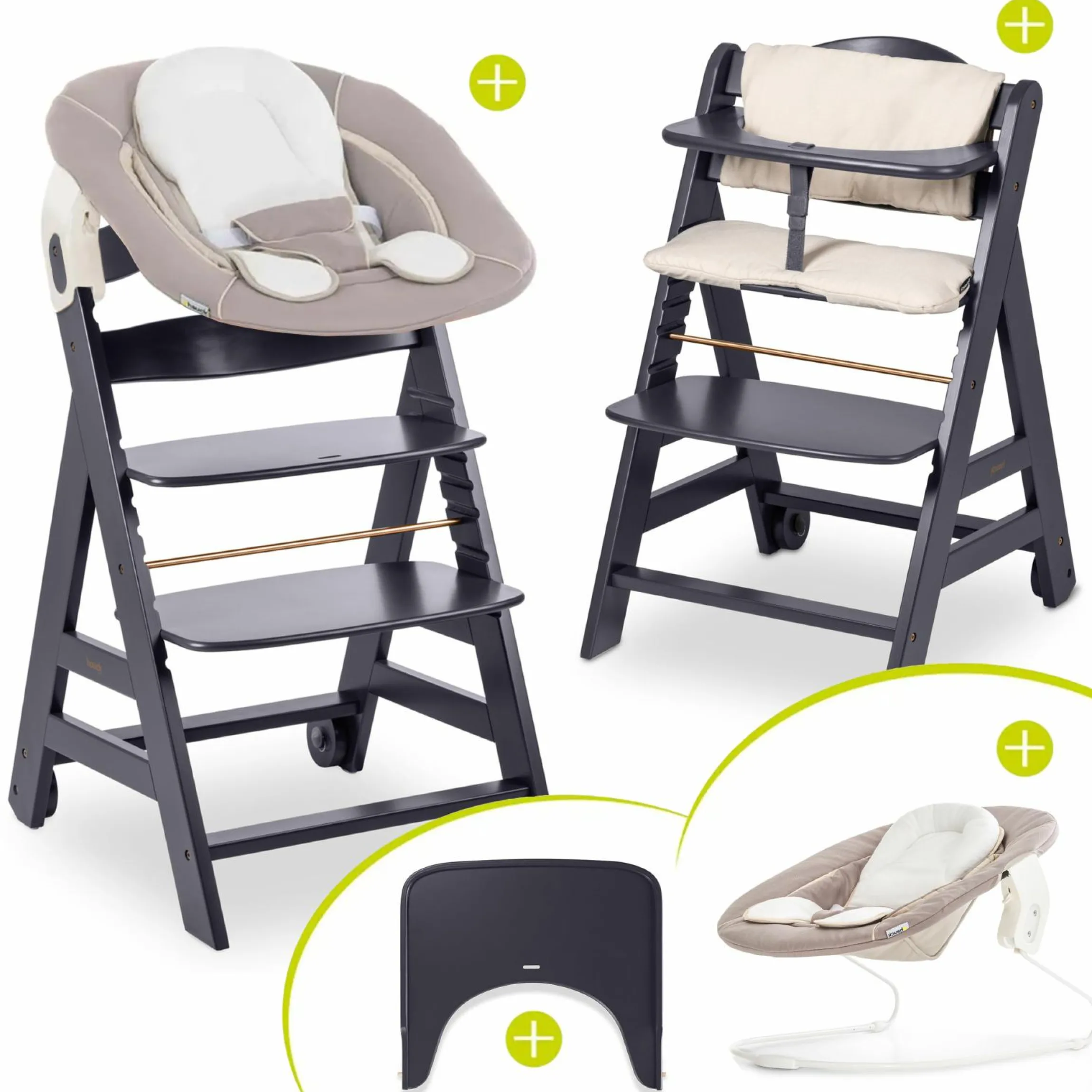 Beta Plus Dark Grey 5-tlg. Newborn Set - Hochstuhl + 2in1 Neugeborenen-Aufsatz & Wippe, Essbrett, Sitzkissen - Stretch Beige