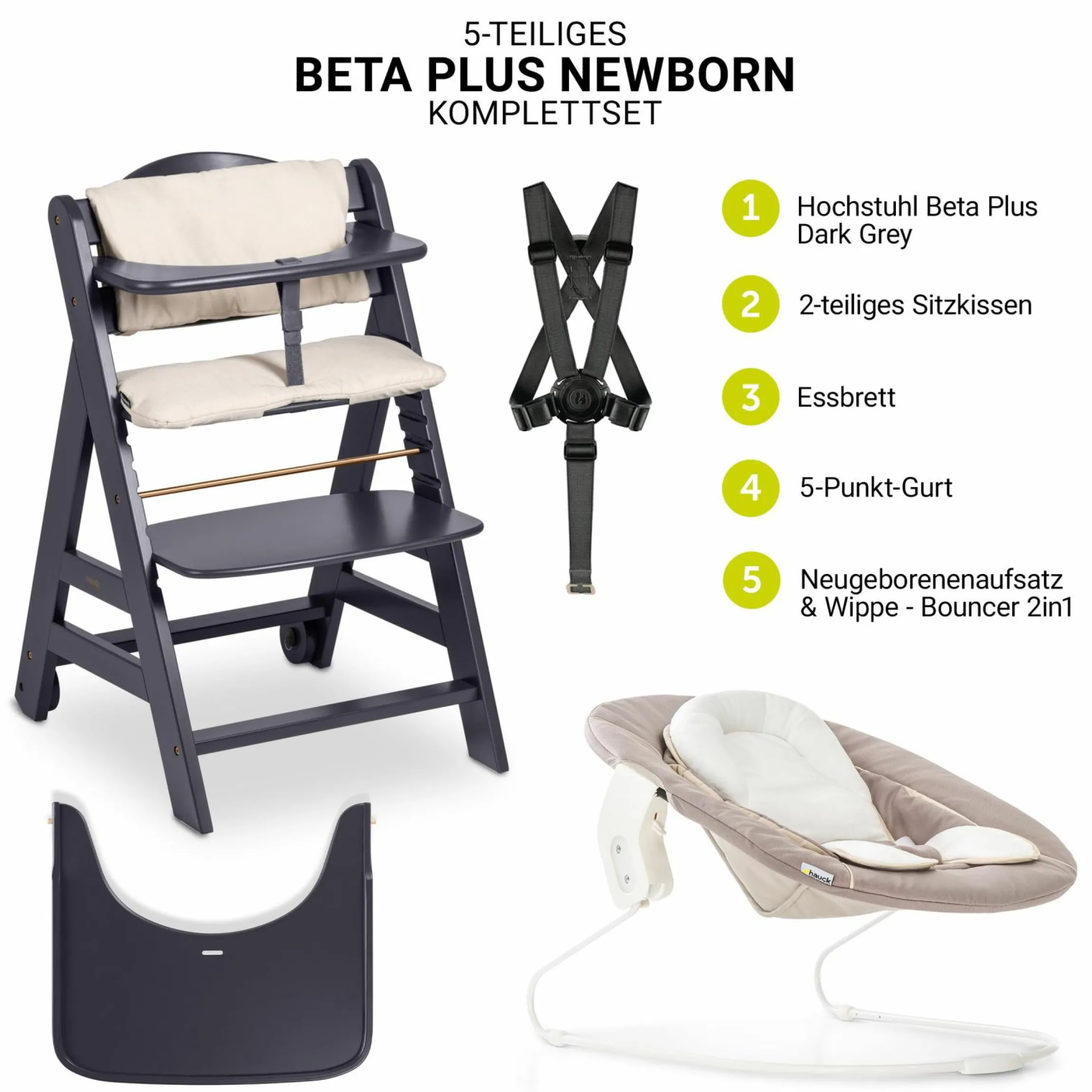 Beta Plus Dark Grey 5-tlg. Newborn Set - Hochstuhl + 2in1 Neugeborenen-Aufsatz & Wippe, Essbrett, Sitzkissen - Stretch Beige