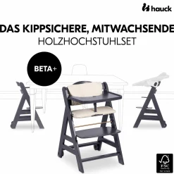 Beta Plus Dark Grey 5-tlg. Newborn Set - Hochstuhl + 2in1 Neugeborenen-Aufsatz & Wippe, Essbrett, Sitzkissen - Stretch Beige