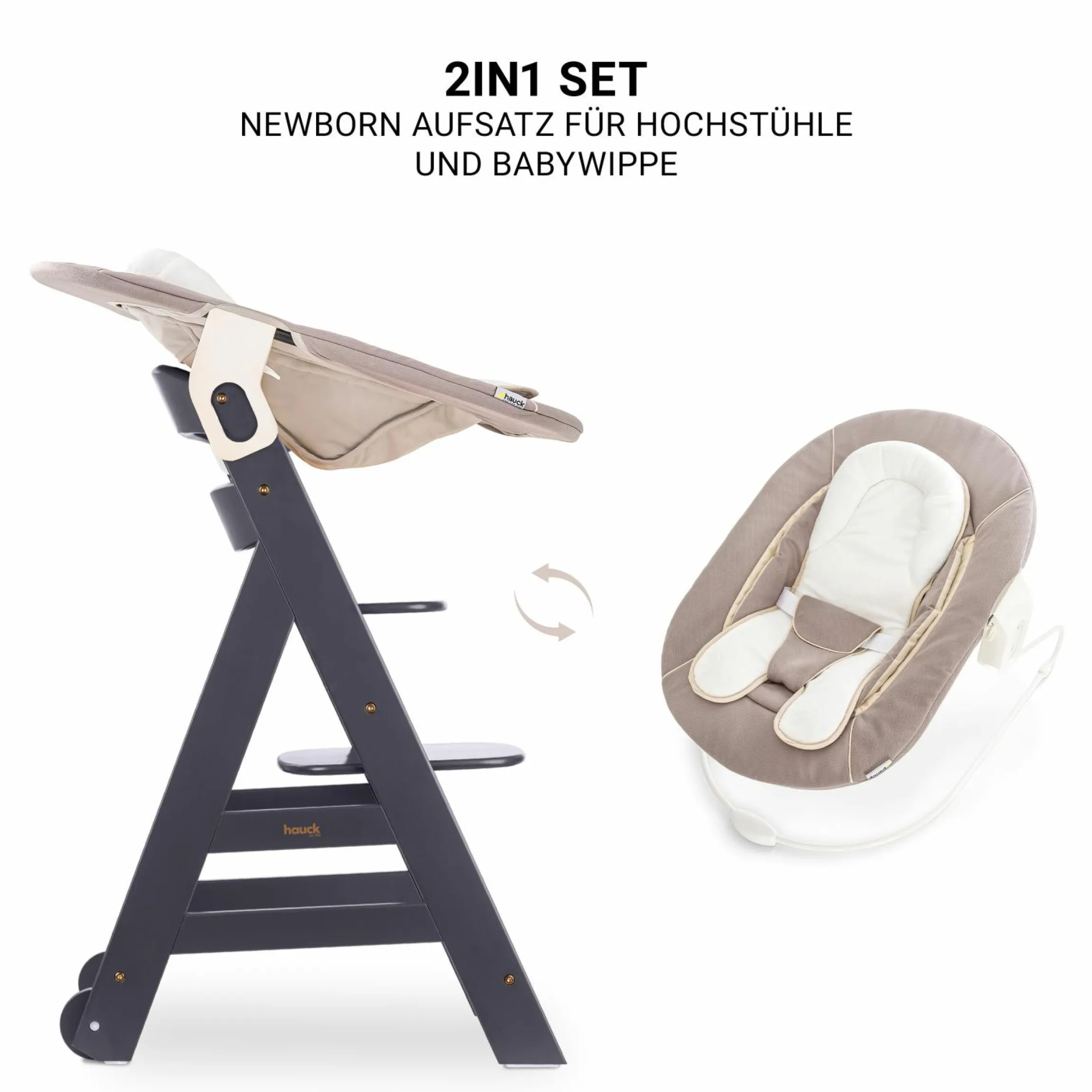 Beta Plus Dark Grey 5-tlg. Newborn Set - Hochstuhl + 2in1 Neugeborenen-Aufsatz & Wippe, Essbrett, Sitzkissen - Stretch Beige
