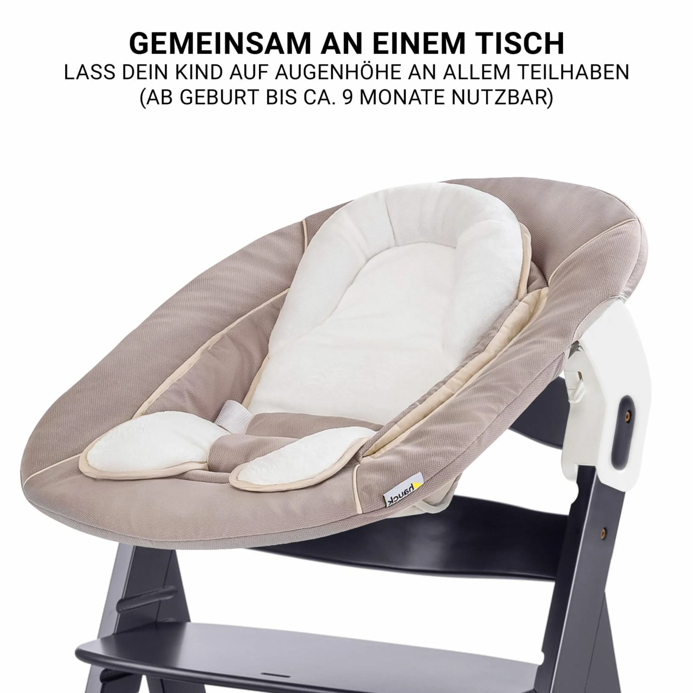 Beta Plus Dark Grey 5-tlg. Newborn Set - Hochstuhl + 2in1 Neugeborenen-Aufsatz & Wippe, Essbrett, Sitzkissen - Stretch Beige