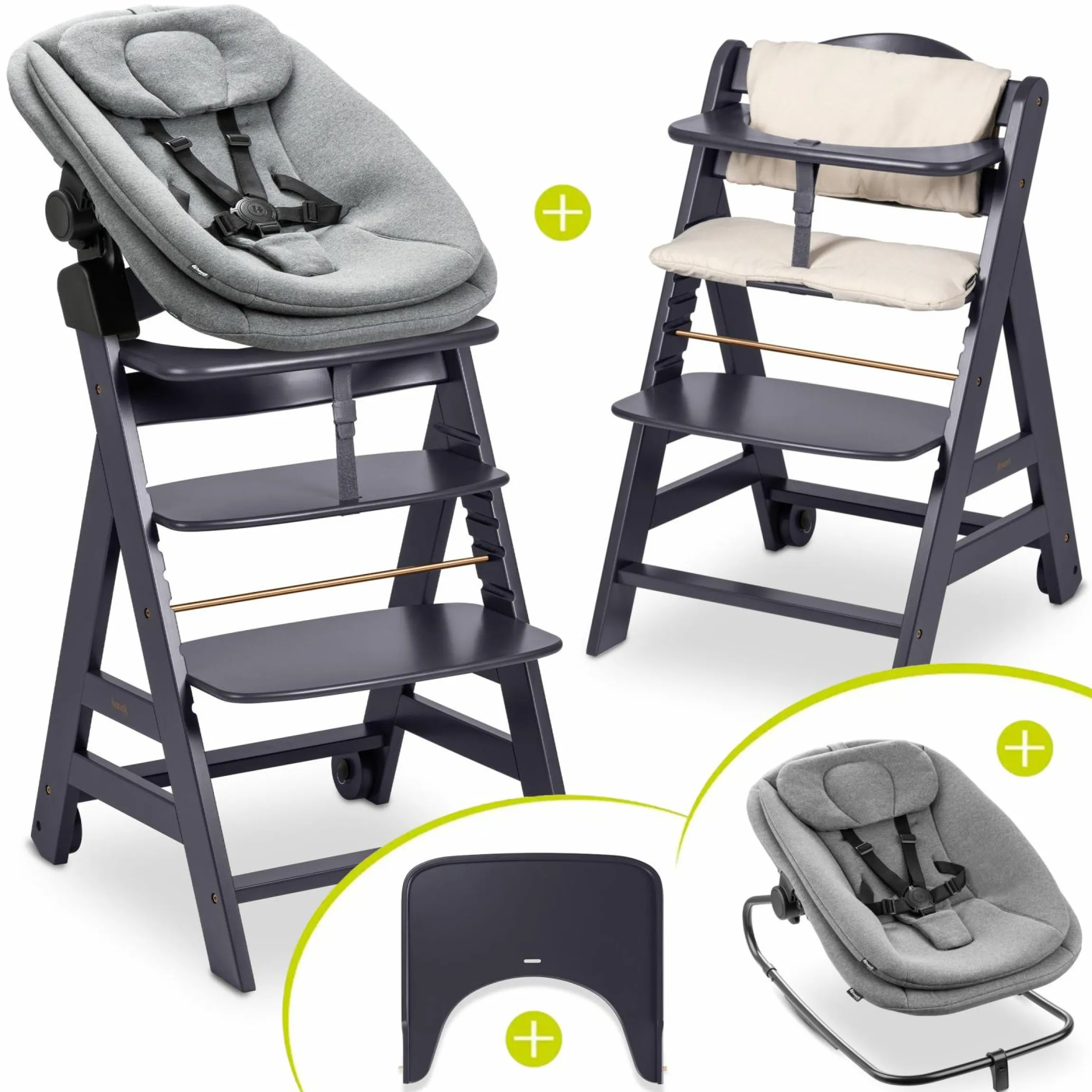 Beta Plus Dark Grey 5-tlg. Newbornset - Hochstuhl + 2in1 Babyaufsatz & Wippe, Essbrett, Sitzkissen - Dark Grey Melange
