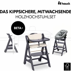 Beta Plus Dark Grey 5-tlg. Newbornset - Hochstuhl + 2in1 Babyaufsatz & Wippe, Essbrett, Sitzkissen - Dark Grey Melange