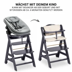 Beta Plus Dark Grey 5-tlg. Newbornset - Hochstuhl + 2in1 Babyaufsatz & Wippe, Essbrett, Sitzkissen - Dark Grey Melange