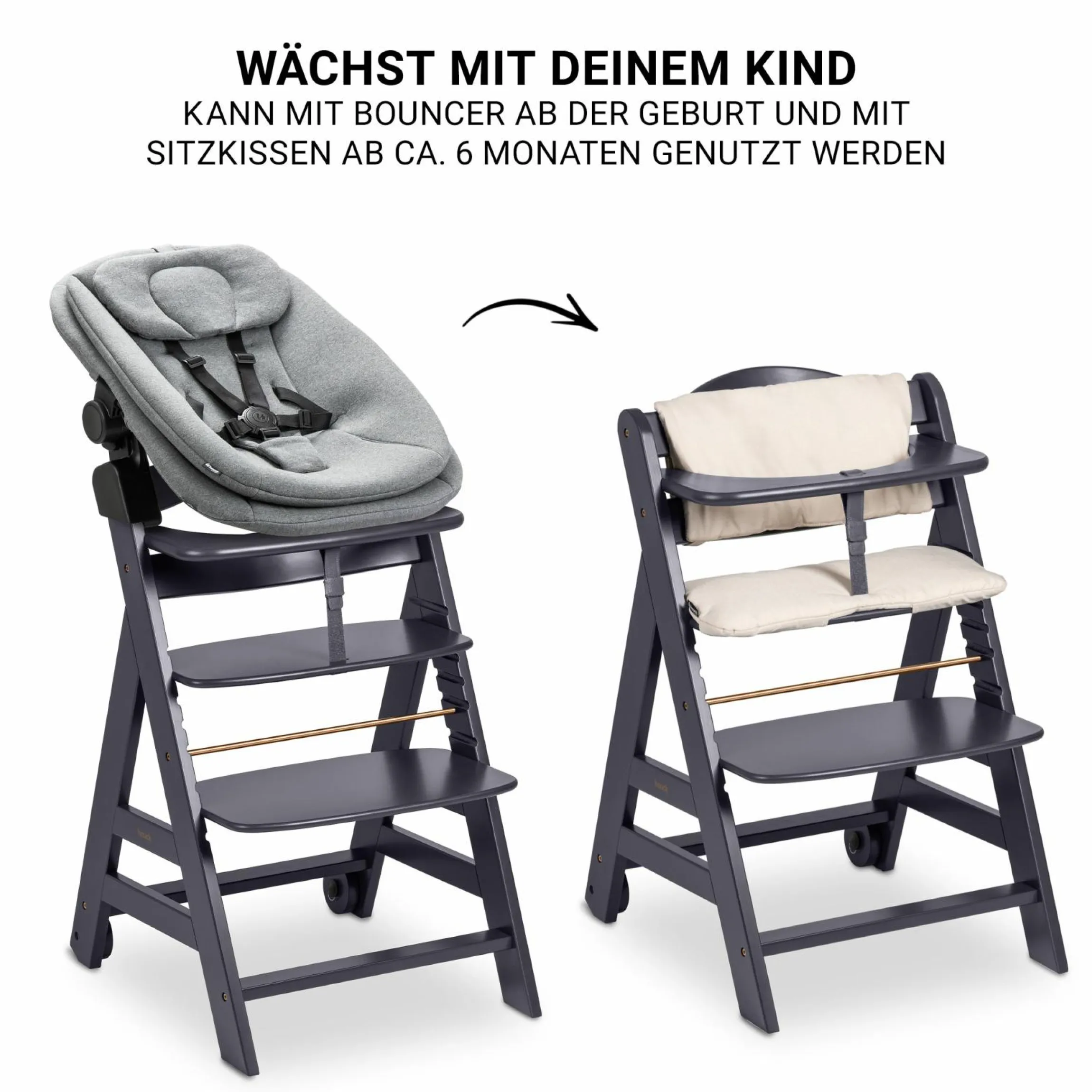 Beta Plus Dark Grey 5-tlg. Newbornset - Hochstuhl + 2in1 Babyaufsatz & Wippe, Essbrett, Sitzkissen - Dark Grey Melange