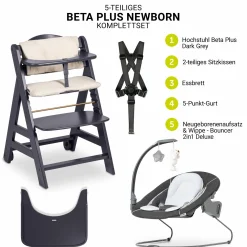 Beta Plus Dark Grey 5-tlg. Newborn Set - Hochstuhl + 2in1 Neugeborenen-Aufsatz & Wippe Deluxe, Essbrett, Sitzkissen - Melange Grey