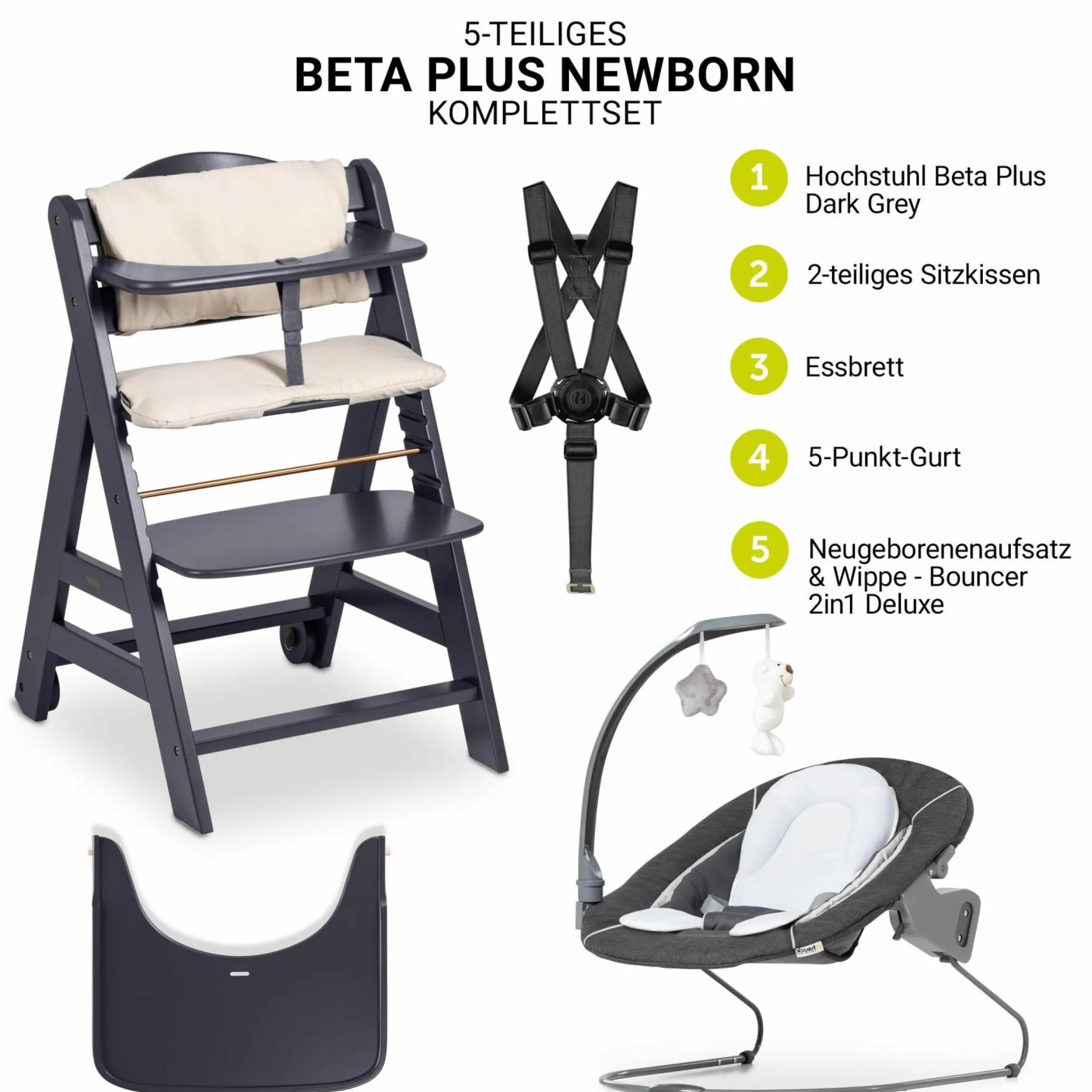 Beta Plus Dark Grey 5-tlg. Newborn Set - Hochstuhl + 2in1 Neugeborenen-Aufsatz & Wippe Deluxe, Essbrett, Sitzkissen - Melange Grey