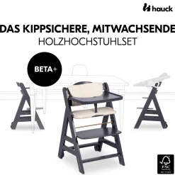 Beta Plus Dark Grey 5-tlg. Newborn Set - Hochstuhl + 2in1 Neugeborenen-Aufsatz & Wippe Deluxe, Essbrett, Sitzkissen - Melange Grey