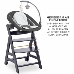 Beta Plus Dark Grey 5-tlg. Newborn Set - Hochstuhl + 2in1 Neugeborenen-Aufsatz & Wippe Deluxe, Essbrett, Sitzkissen - Melange Grey