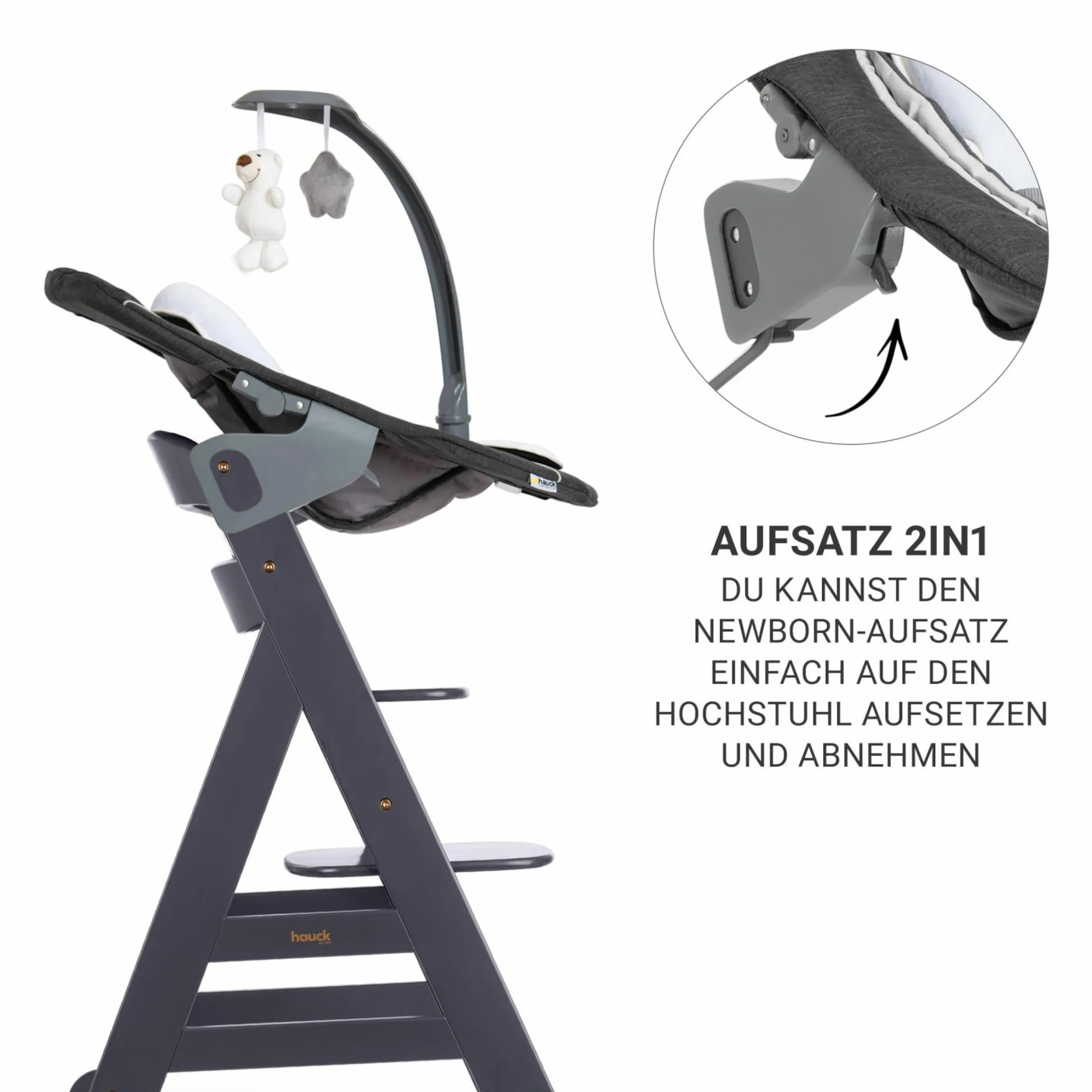 Beta Plus Dark Grey 5-tlg. Newborn Set - Hochstuhl + 2in1 Neugeborenen-Aufsatz & Wippe Deluxe, Essbrett, Sitzkissen - Melange Grey