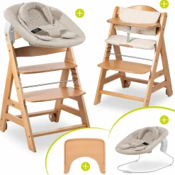 Beta Plus Natural 5-tlg. Newborn Set - Hochstuhl + 2in1 Neugeborenen-Aufsatz & Wippe + Essbrett + Sitzkissen - Disney Winnie the Pooh - Beige