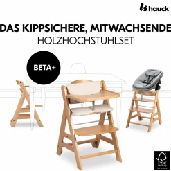 Beta Plus Natural 5-tlg. Newbornset - Hochstuhl + 2in1 Babyaufsatz & Wippe, Essbrett, Sitzkissen - Dark Grey Melange