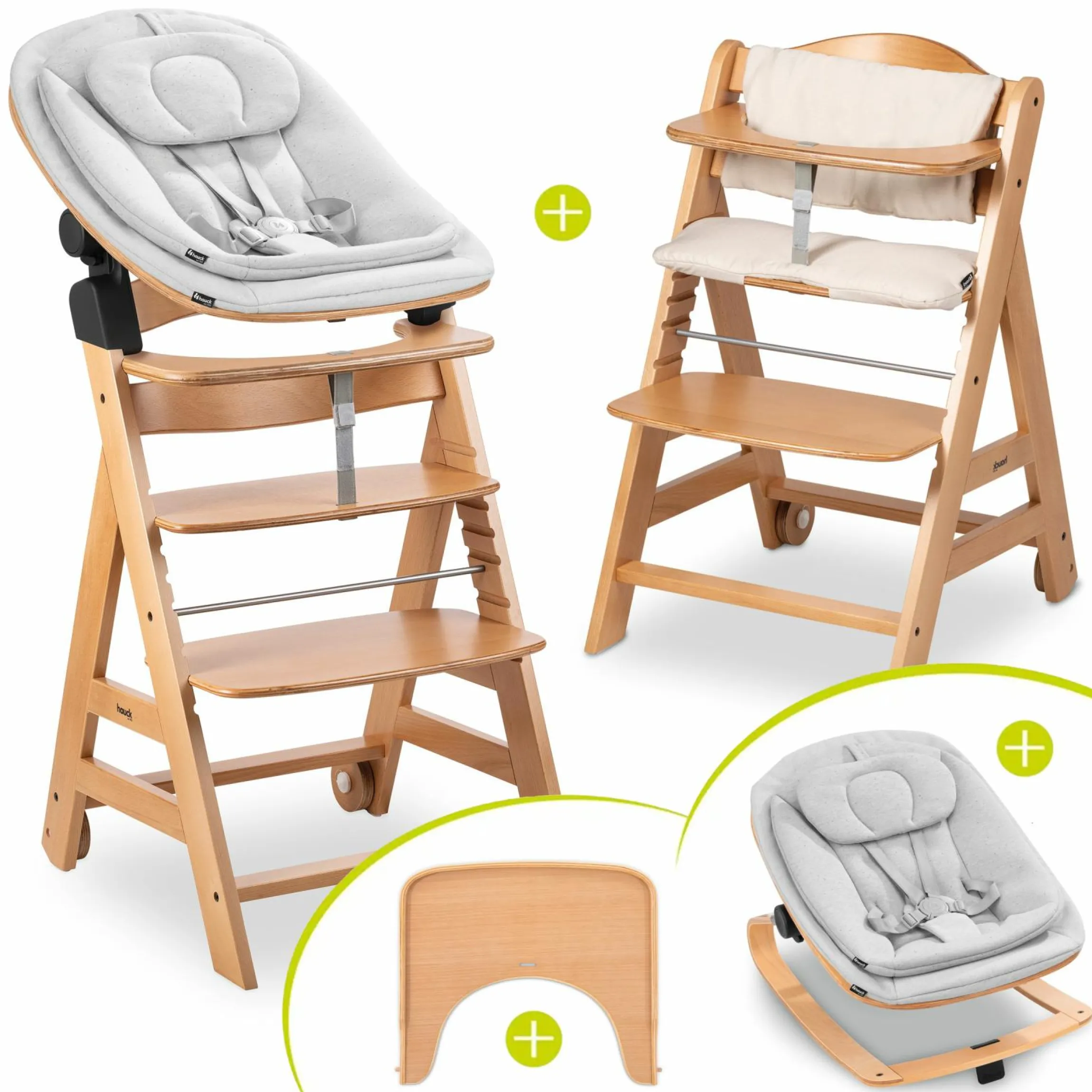 Beta Plus Natural 5-tlg. Newbornset - Hochstuhl + 2in1 Babyaufsatz & Wippe Eco, Essbrett, Sitzkissen - Light Grey