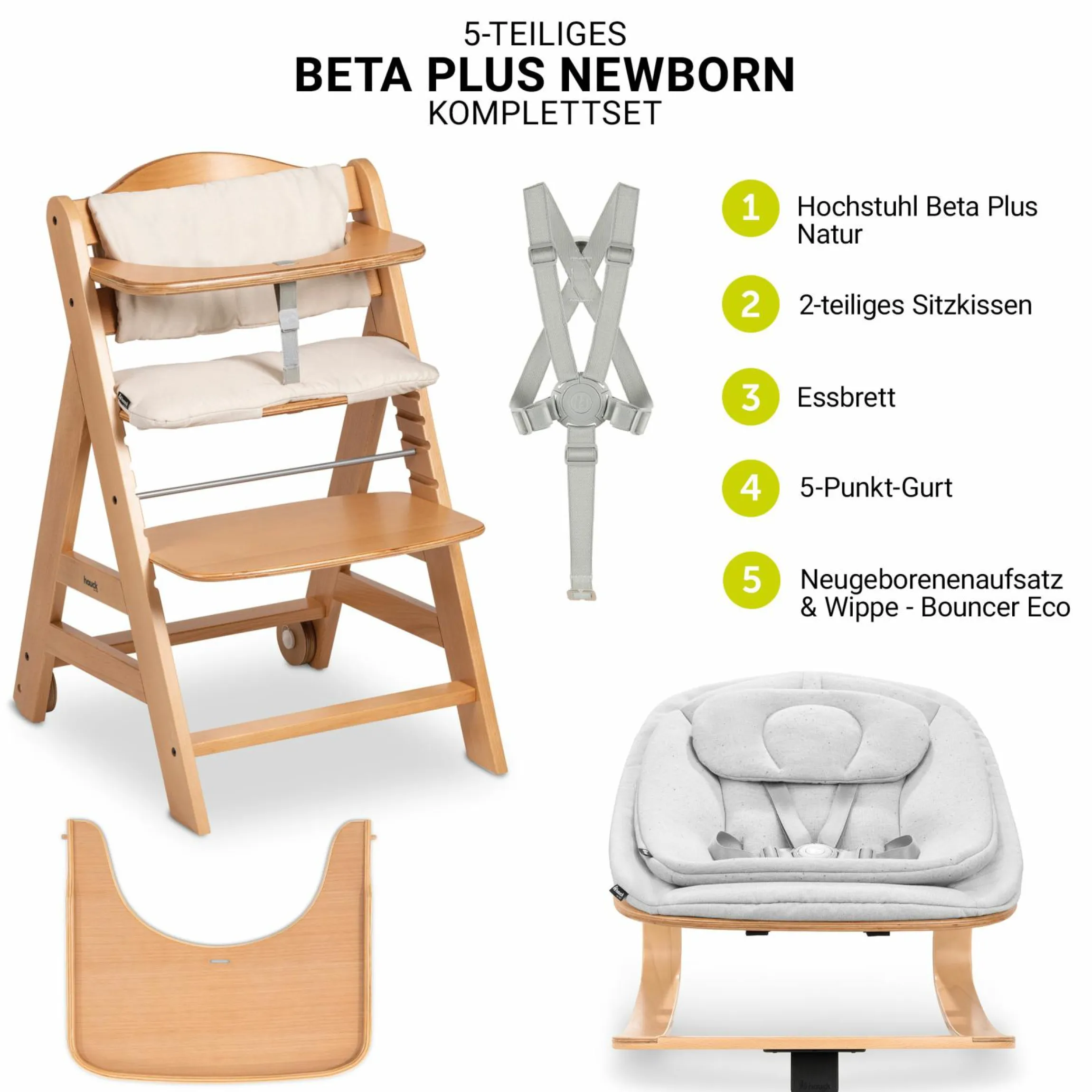 Beta Plus Natural 5-tlg. Newbornset - Hochstuhl + 2in1 Babyaufsatz & Wippe Eco, Essbrett, Sitzkissen - Light Grey
