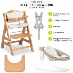 Beta Plus Natural 5-tlg. Newborn-Set - Hochstuhl + 2in1 Neugeborenen-Aufsatz & Wippe + Essbrett + Sitzpolster - Stretch Beige