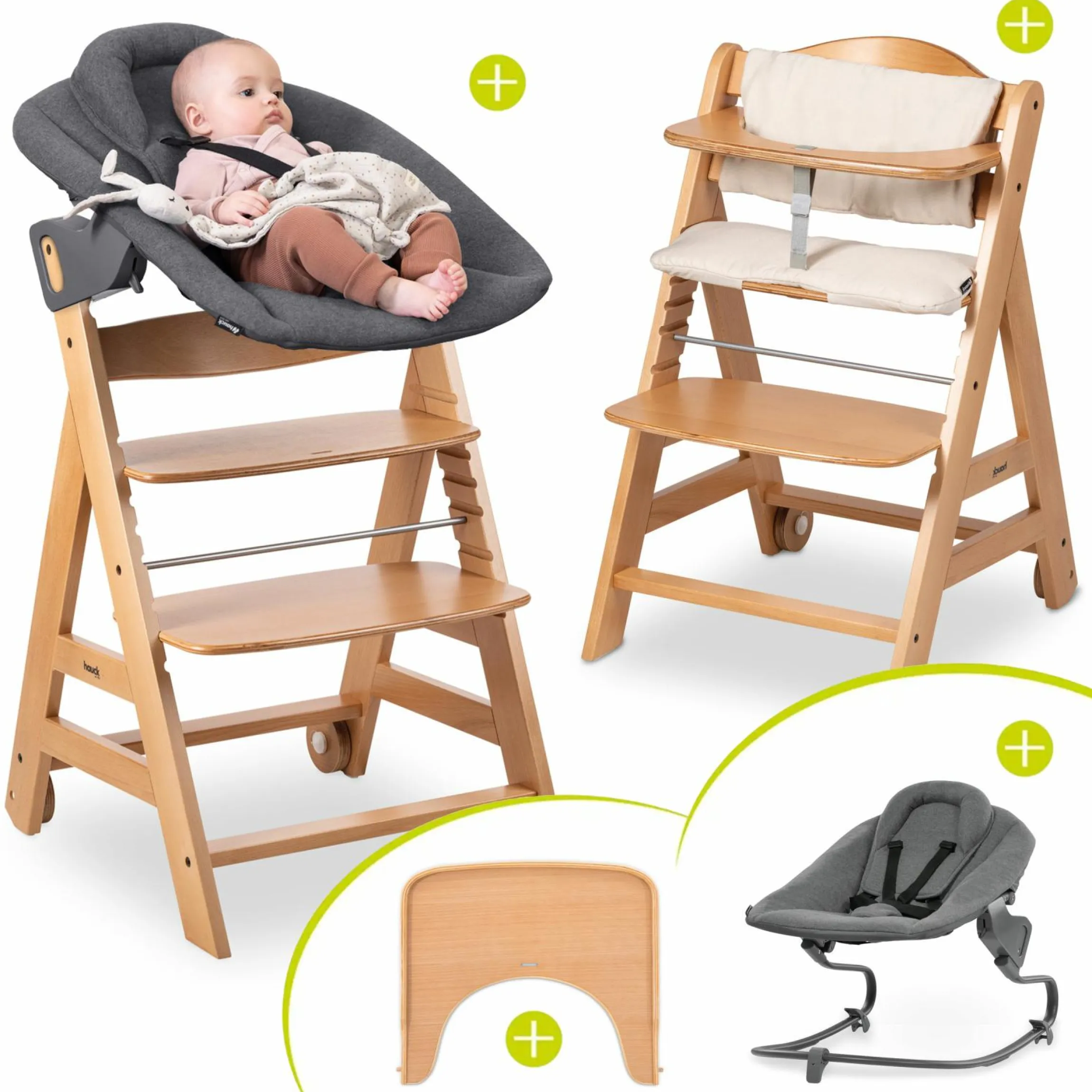 Beta Plus Natural 5-tlg. Newborn Set - Hochstuhl + 2in1 Neugeborenen-Aufsatz & Wippe Premium, Essbrett, Sitzkissen - Dark Grey