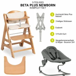 Beta Plus Natural 5-tlg. Newborn Set - Hochstuhl + 2in1 Neugeborenen-Aufsatz & Wippe Premium, Essbrett, Sitzkissen - Dark Grey