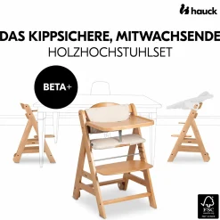 Beta Plus Natural 5-tlg. Newborn Set - Hochstuhl + 2in1 Neugeborenen-Aufsatz & Wippe Premium, Essbrett, Sitzkissen - Dark Grey