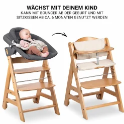 Beta Plus Natural 5-tlg. Newborn Set - Hochstuhl + 2in1 Neugeborenen-Aufsatz & Wippe Premium, Essbrett, Sitzkissen - Dark Grey