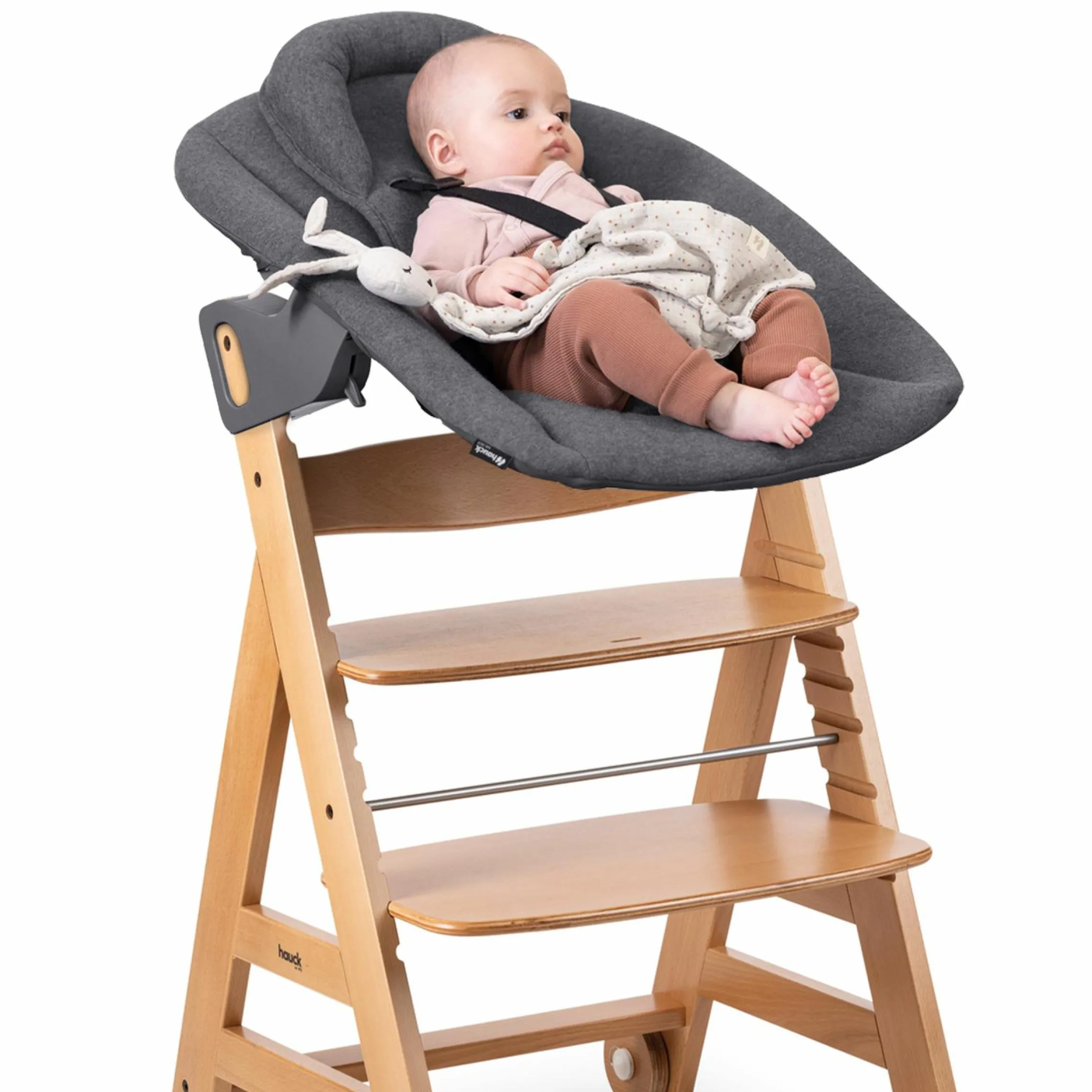 Beta Plus Natural 5-tlg. Newborn Set - Hochstuhl + 2in1 Neugeborenen-Aufsatz & Wippe Premium, Essbrett, Sitzkissen - Dark Grey