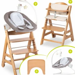 Beta Plus Natural 5-tlg. Newborn Set - Hochstuhl + 2in1 Neugeborenen-Aufsatz & Wippe Deluxe + Essbrett + Sitzpolster - Sand