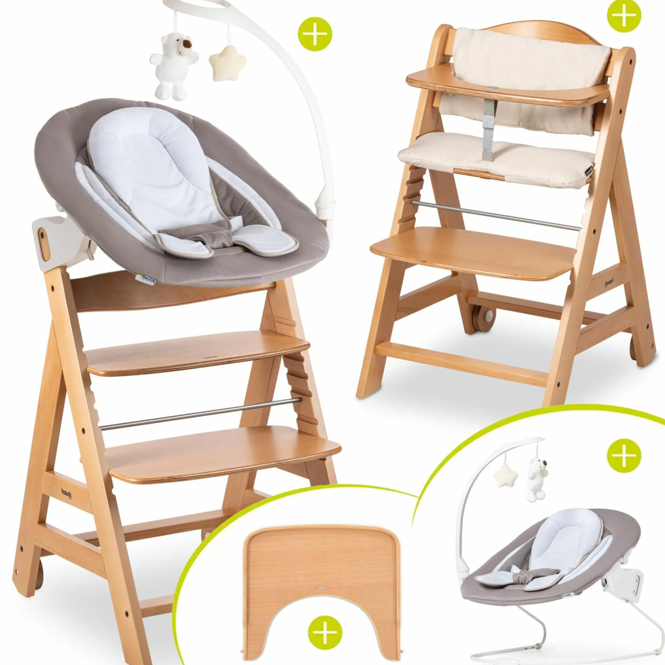 Beta Plus Natural 5-tlg. Newborn Set - Hochstuhl + 2in1 Neugeborenen-Aufsatz & Wippe Deluxe + Essbrett + Sitzpolster - Sand