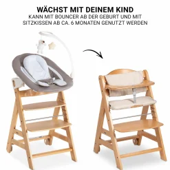 Beta Plus Natural 5-tlg. Newborn Set - Hochstuhl + 2in1 Neugeborenen-Aufsatz & Wippe Deluxe + Essbrett + Sitzpolster - Sand