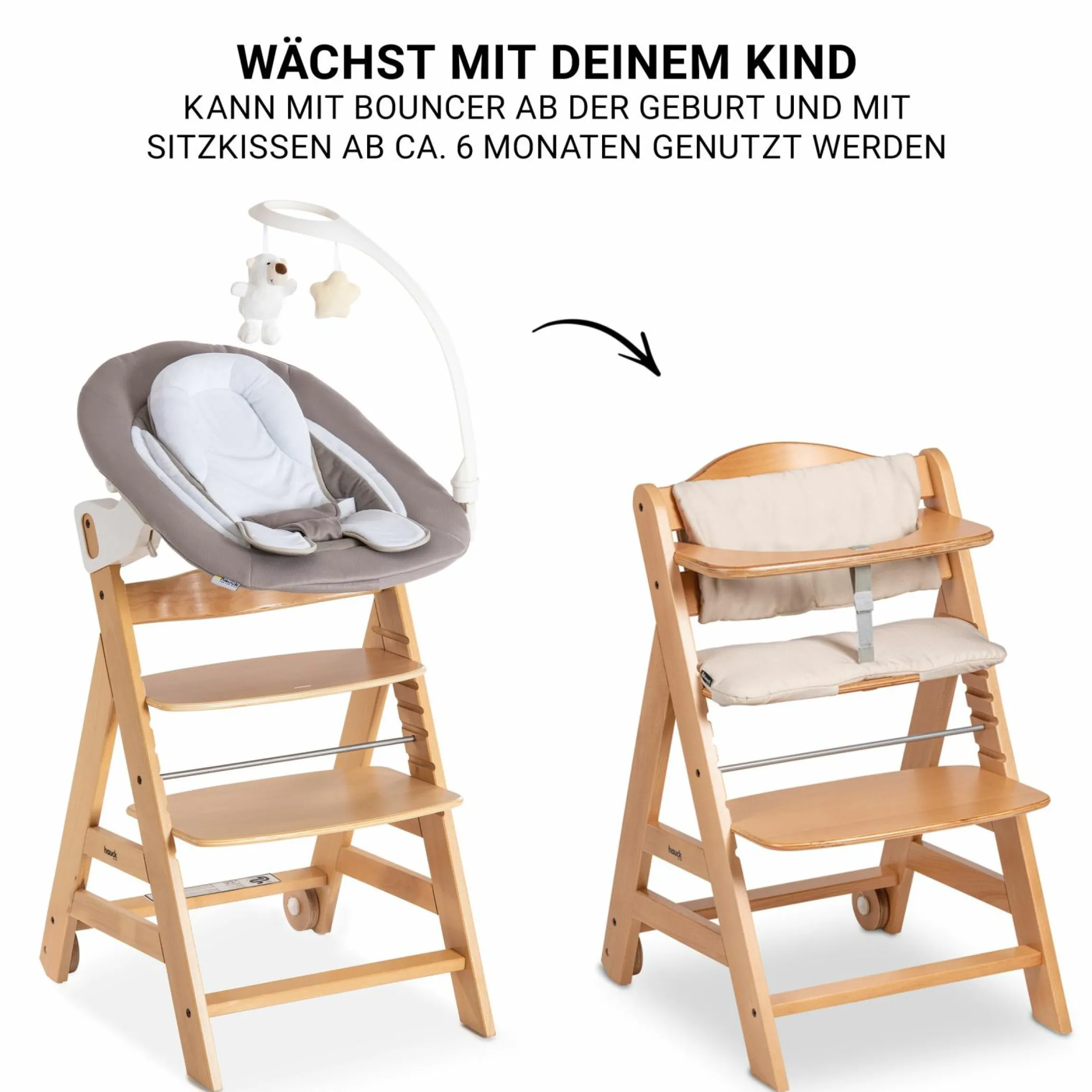 Beta Plus Natural 5-tlg. Newborn Set - Hochstuhl + 2in1 Neugeborenen-Aufsatz & Wippe Deluxe + Essbrett + Sitzpolster - Sand