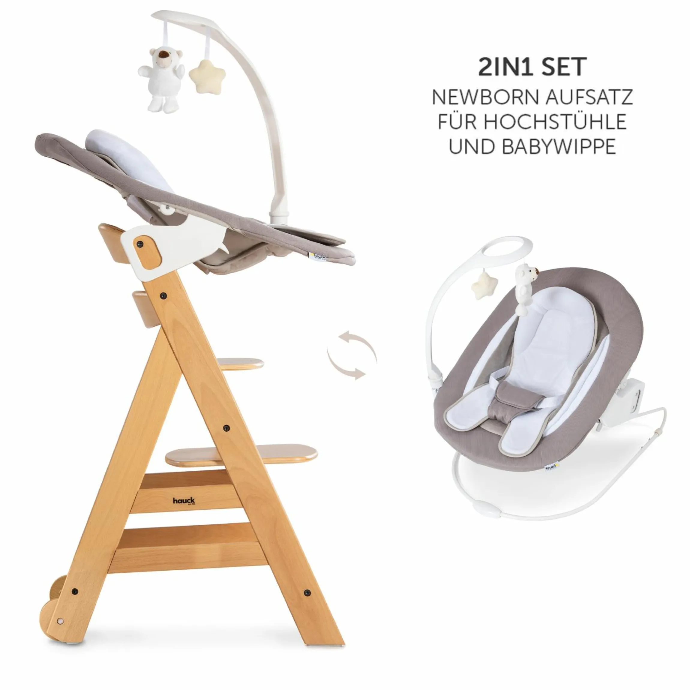 Beta Plus Natural 5-tlg. Newborn Set - Hochstuhl + 2in1 Neugeborenen-Aufsatz & Wippe Deluxe + Essbrett + Sitzpolster - Sand