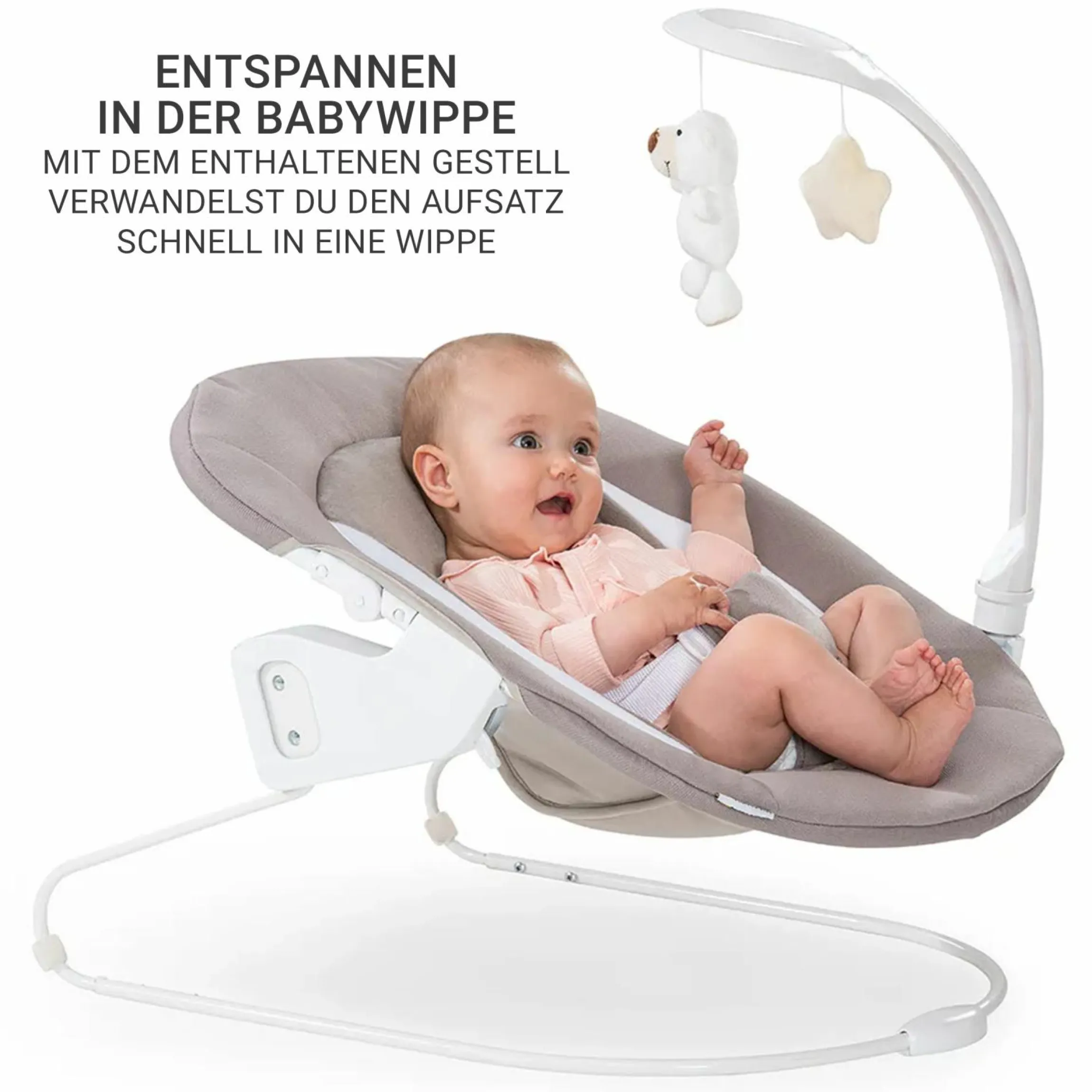 Beta Plus Natural 5-tlg. Newborn Set - Hochstuhl + 2in1 Neugeborenen-Aufsatz & Wippe Deluxe + Essbrett + Sitzpolster - Sand