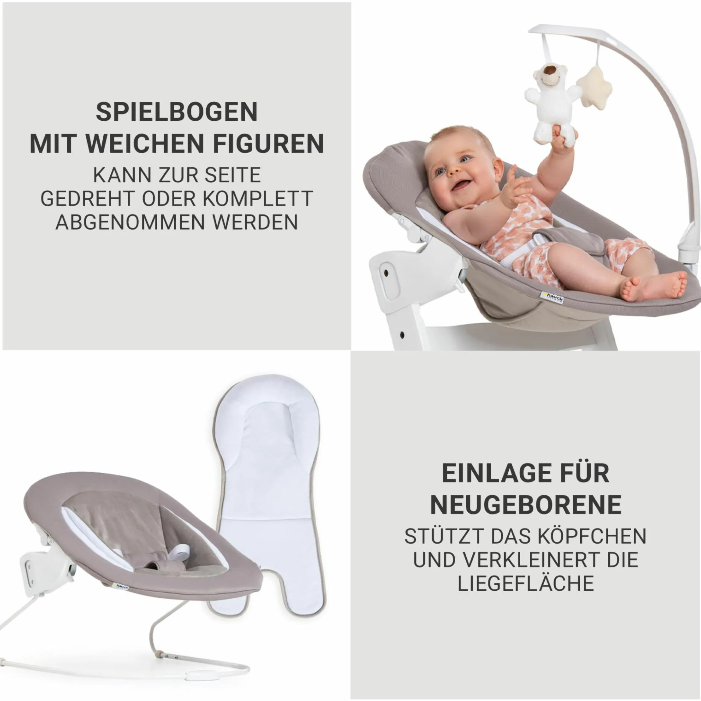 Beta Plus Natural 5-tlg. Newborn Set - Hochstuhl + 2in1 Neugeborenen-Aufsatz & Wippe Deluxe + Essbrett + Sitzpolster - Sand
