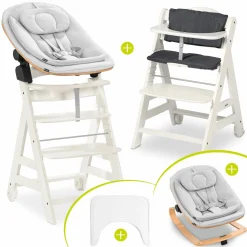 Beta Plus White 5-tlg. Newbornset - Hochstuhl + 2in1 Babyaufsatz & Wippe Eco, Essbrett, Sitzkissen - Light Grey