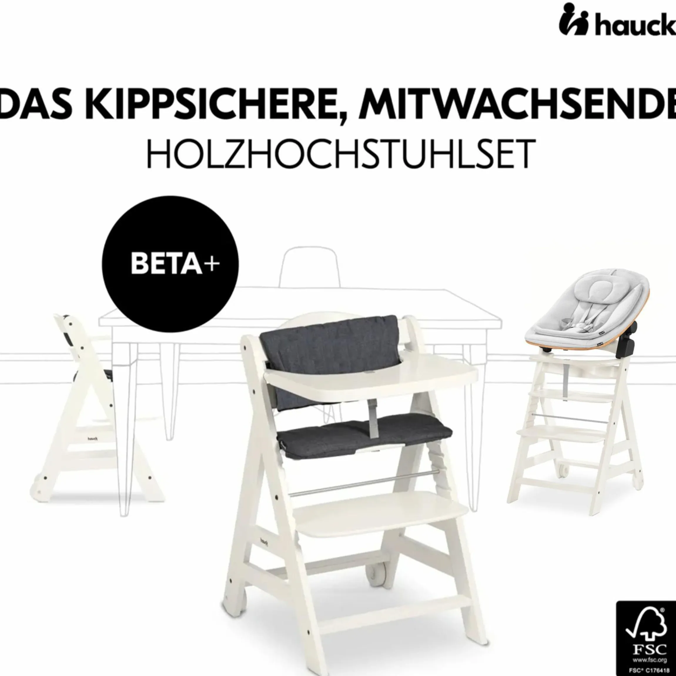 Beta Plus White 5-tlg. Newbornset - Hochstuhl + 2in1 Babyaufsatz & Wippe Eco, Essbrett, Sitzkissen - Light Grey