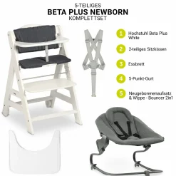 Beta Plus White 5-tlg. Newborn Set - Hochstuhl + 2in1 Neugeborenen-Aufsatz & Wippe Premium, Essbrett, Sitzkissen - Dark Grey