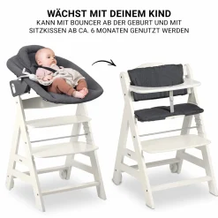Beta Plus White 5-tlg. Newborn Set - Hochstuhl + 2in1 Neugeborenen-Aufsatz & Wippe Premium, Essbrett, Sitzkissen - Dark Grey