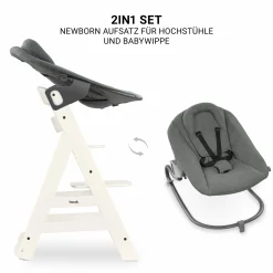 Beta Plus White 5-tlg. Newborn Set - Hochstuhl + 2in1 Neugeborenen-Aufsatz & Wippe Premium, Essbrett, Sitzkissen - Dark Grey