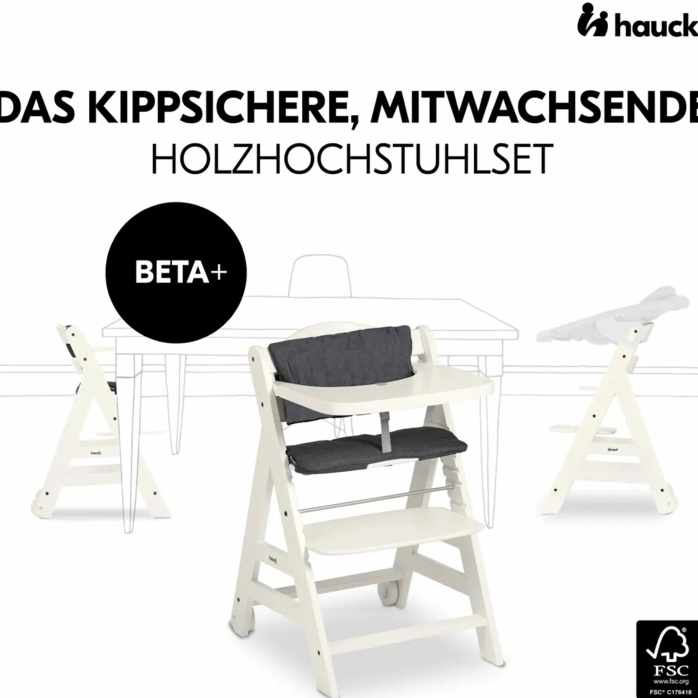 Beta Plus White 5-tlg. Newborn Set - Hochstuhl + 2in1 Neugeborenen-Aufsatz & Wippe Deluxe, Essbrett, Sitzkissen - Melange Grey