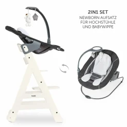 Beta Plus White 5-tlg. Newborn Set - Hochstuhl + 2in1 Neugeborenen-Aufsatz & Wippe Deluxe, Essbrett, Sitzkissen - Melange Grey