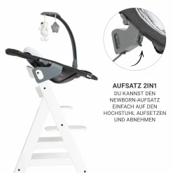 Beta Plus White 5-tlg. Newborn Set - Hochstuhl + 2in1 Neugeborenen-Aufsatz & Wippe Deluxe, Essbrett, Sitzkissen - Melange Grey