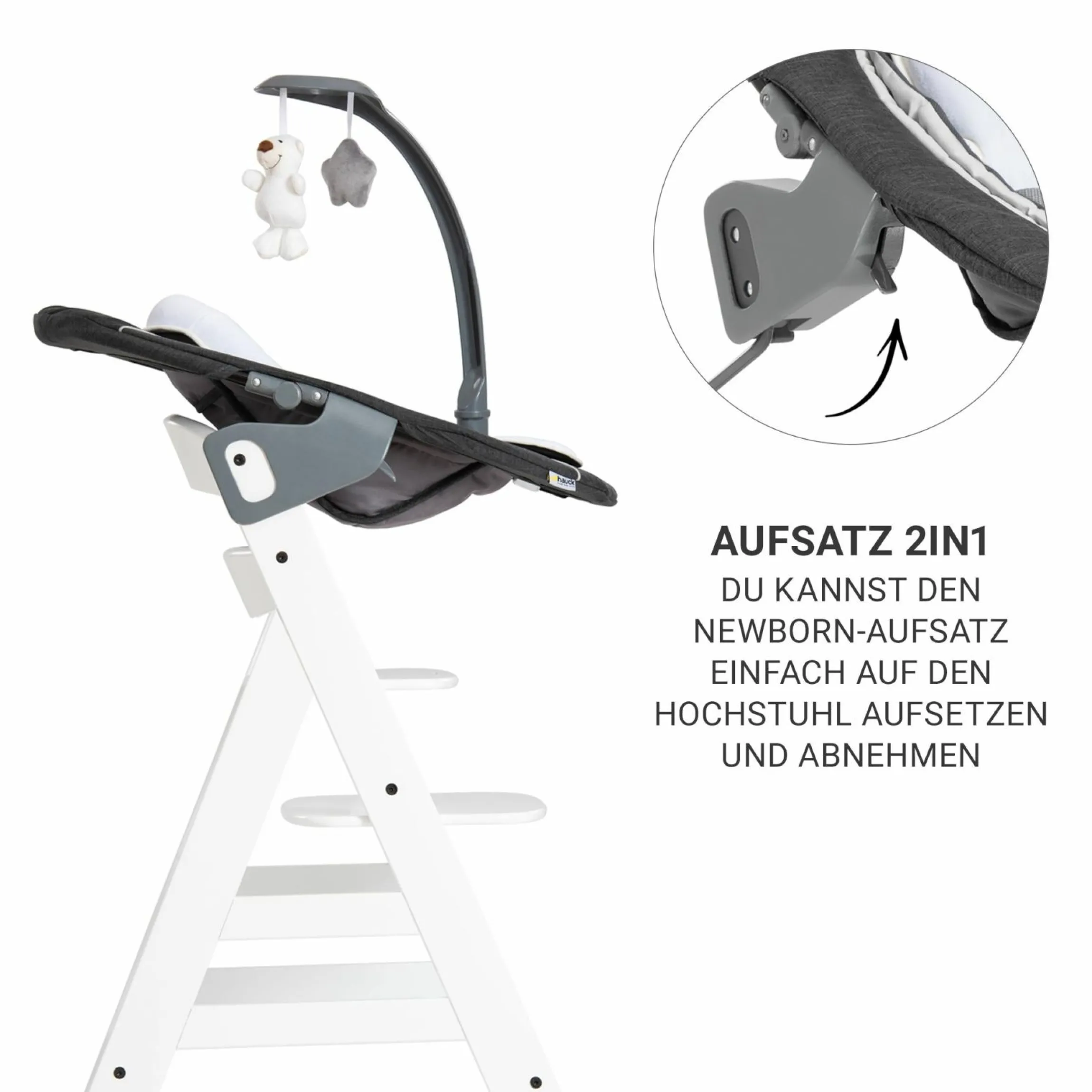 Beta Plus White 5-tlg. Newborn Set - Hochstuhl + 2in1 Neugeborenen-Aufsatz & Wippe Deluxe, Essbrett, Sitzkissen - Melange Grey