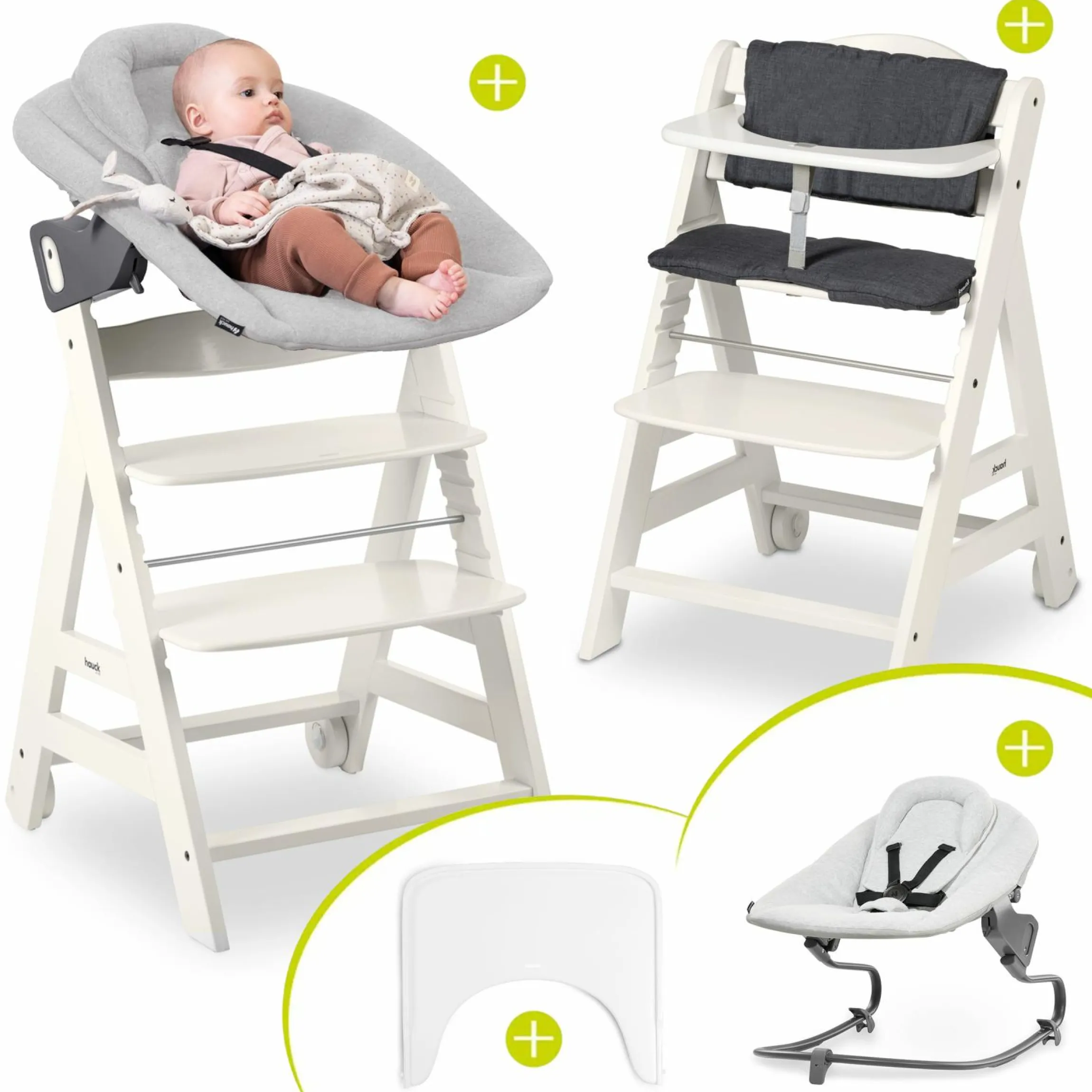 Beta Plus White 5-tlg. Newborn Set - Hochstuhl + 2in1 Neugeborenen-Aufsatz & Wippe Premium + Essbrett + Sitzkissen - Light Grey