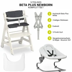 Beta Plus White 5-tlg. Newborn Set - Hochstuhl + 2in1 Neugeborenen-Aufsatz & Wippe Premium + Essbrett + Sitzkissen - Light Grey