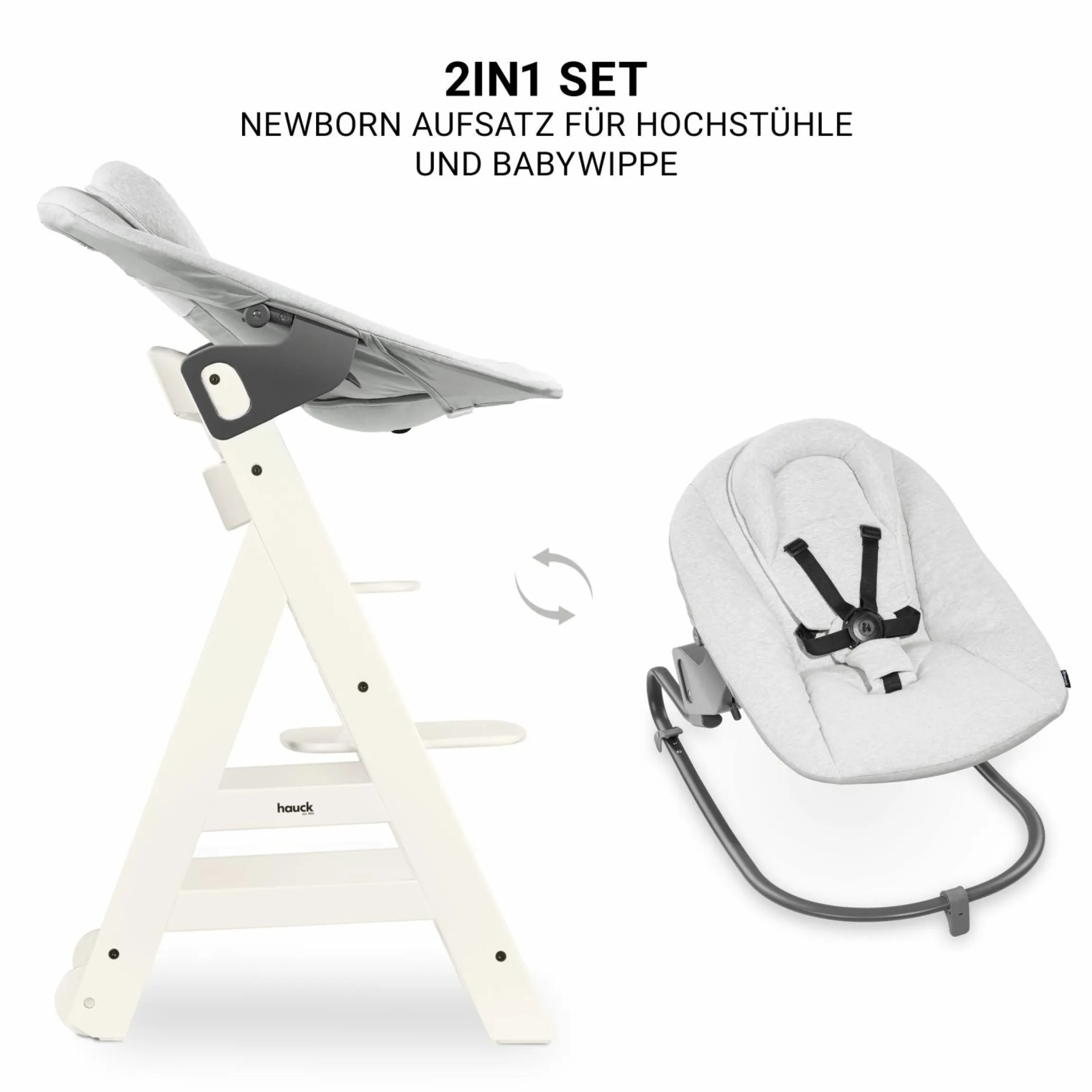 Beta Plus White 5-tlg. Newborn Set - Hochstuhl + 2in1 Neugeborenen-Aufsatz & Wippe Premium + Essbrett + Sitzkissen - Light Grey